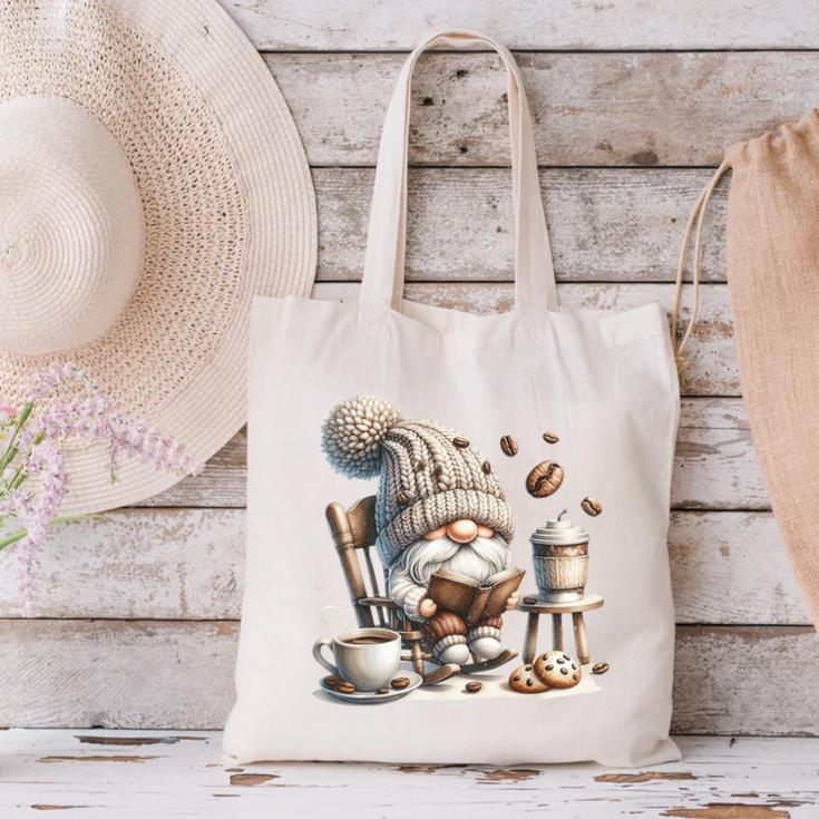 Vintage Cute Gnome Reading Book Coffee Cute Gnome Graphic Canvas Tote Bag