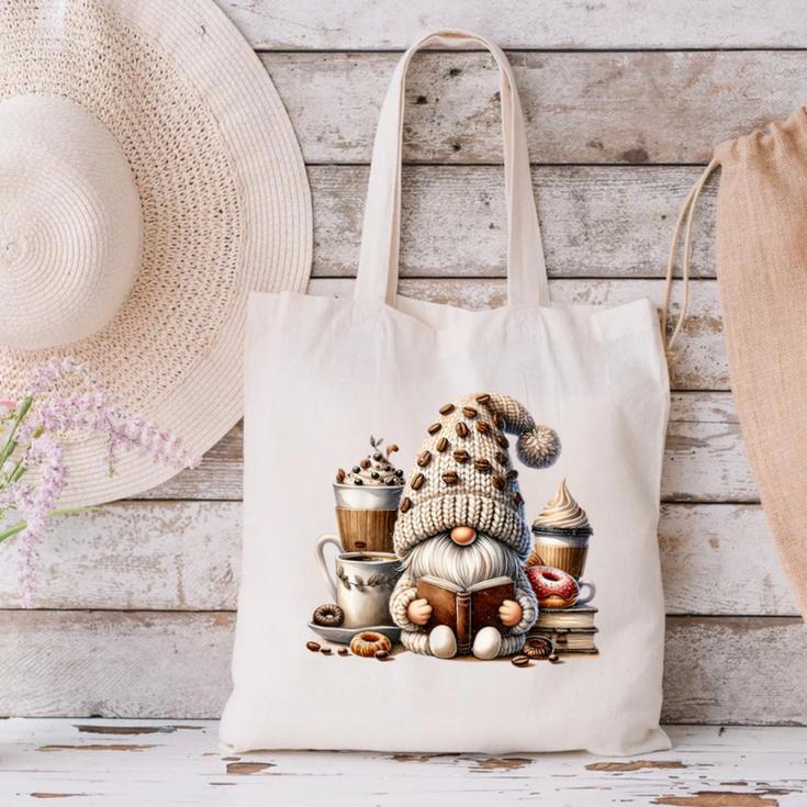 Vintage Cute Gnome Reading Book Coffee Latte Men Women Kids Canvas Tote Bag