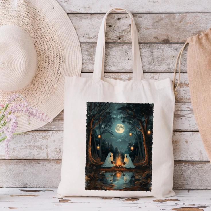 Vintage Ghost Book Reading Camping Gothic Halloween Teachers Canvas Tote Bag