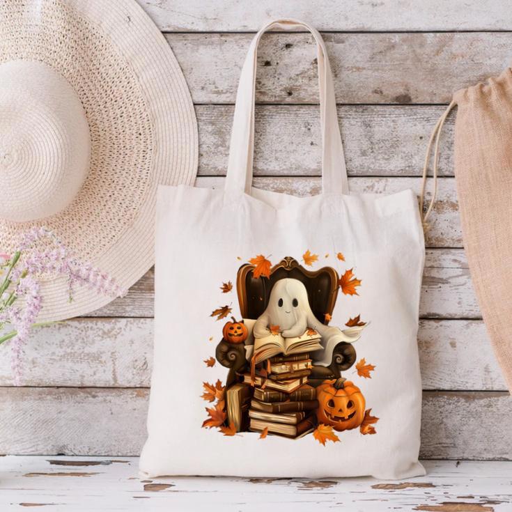 Vintage Ghost Book Reading Pumpkin Gothic Halloween Teachers Canvas Tote Bag