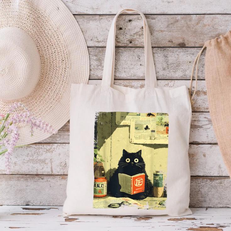 Vintage Japanese Cat Book Lovers Librarian Cat Dad Teacher Canvas Tote Bag