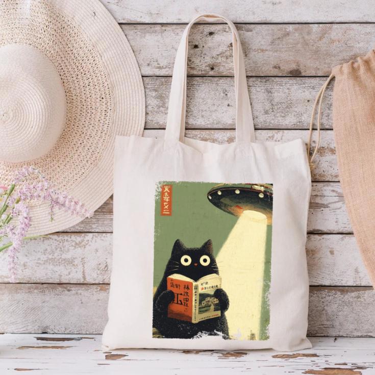 Vintage Japanese Cat Book Lovers UFO Alien Abduction Cat Dad Canvas Tote Bag Vintage Japanese Cat Book Lovers UFO Alien Abduction Cat Dad Canvas Tote Bag