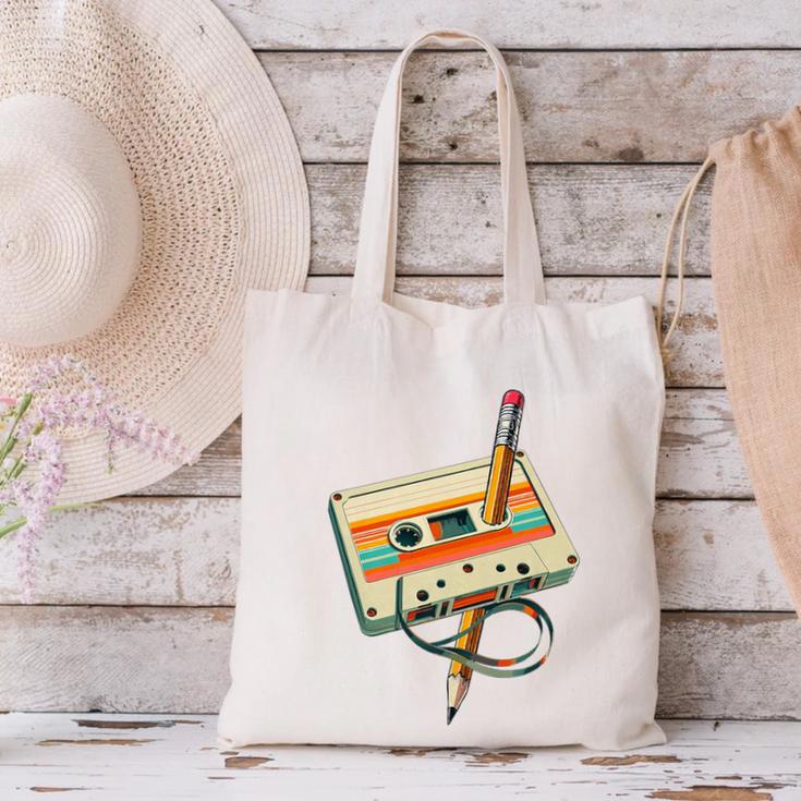 Vintage Pencil Rewind Cassette Tape Nostalgia Party 80s 90s Premium Canvas Tote Bag Vintage Pencil Rewind Cassette Tape Nostalgia Party 80s 90s Premium Canvas Tote Bag
