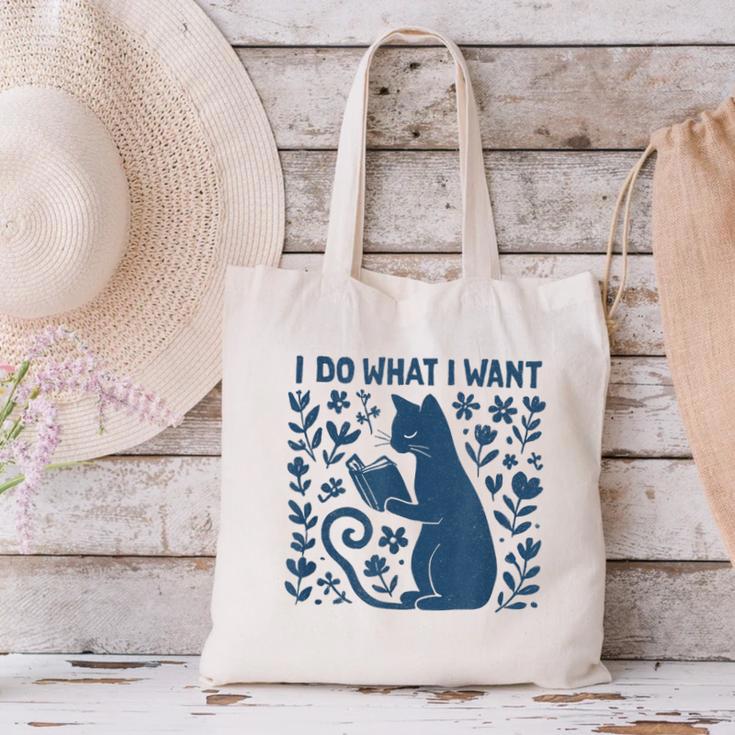 I Do What I Want Cat Reading Book Boho Flowers Vintage Canvas Tote Bag