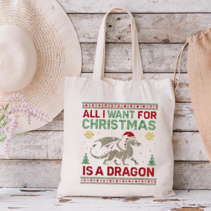 All I Want For Christmas Is A Dragon & Books Ugly Sweater Canvas Tote Bag