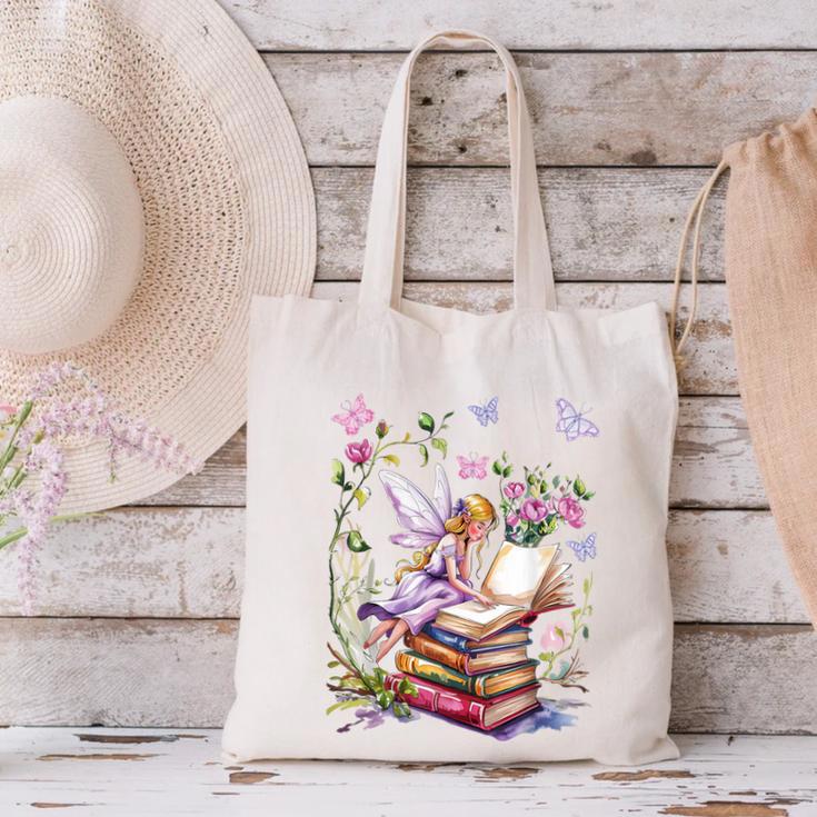 Watercolor Butterfly Fairy Read Book Library Fantasy Novel Canvas Tote Bag