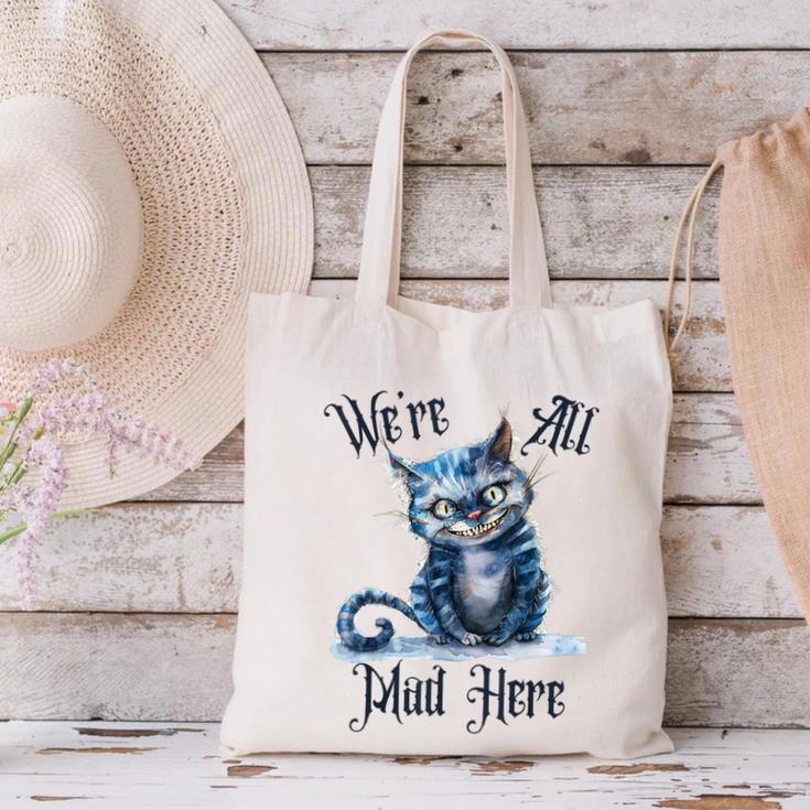 We'Re All Mad Here Cheshire Cat Alice Wonderland Book Kids Canvas Tote Bag