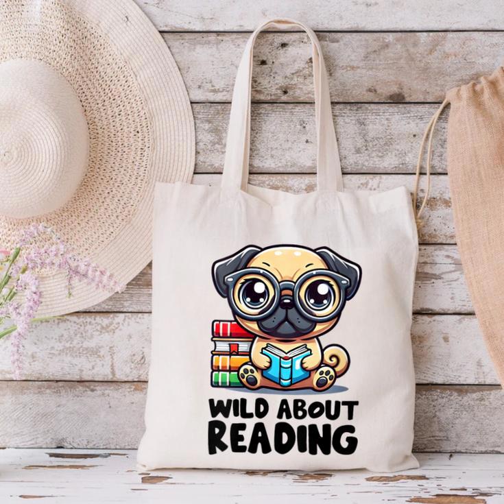 Wild About Reading Book Lover Pug Dog Canvas Tote Bag Wild About Reading Book Lover Pug Dog Canvas Tote Bag