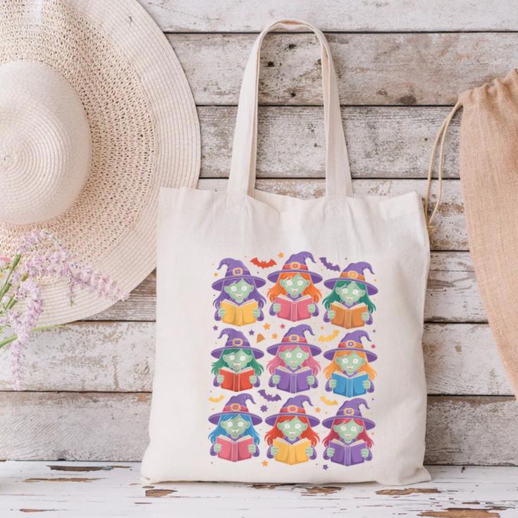 Witches Reading Books Halloween Cute Teens Kids Canvas Tote Bag Witches Reading Books Halloween Cute Teens Kids Canvas Tote Bag