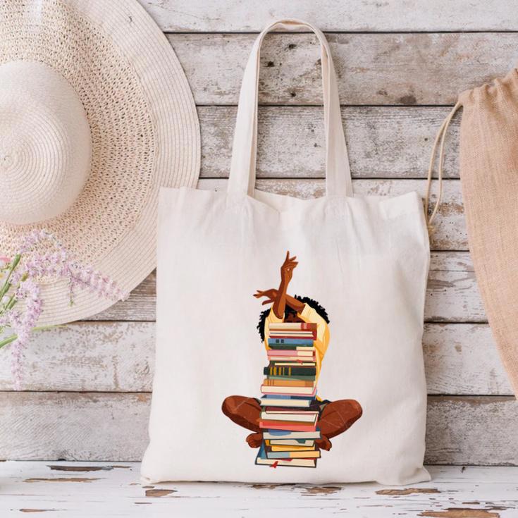 Woman And Books Stack Afro Girl Book Lover Canvas Tote Bag
