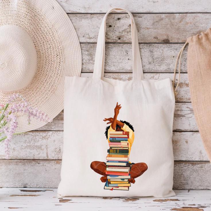 Woman And Books Stack Afro Girl Book Lover Premium Tri-Blend Canvas Tote Bag