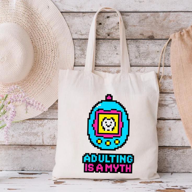 Women's Adulting Is A Myth Retro Pixel Pet Nostalgia Millennials Canvas Tote Bag