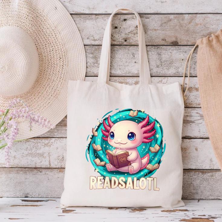 Women's Readsolotl Kawaii Axolotl Reading Book Lover Canvas Tote Bag