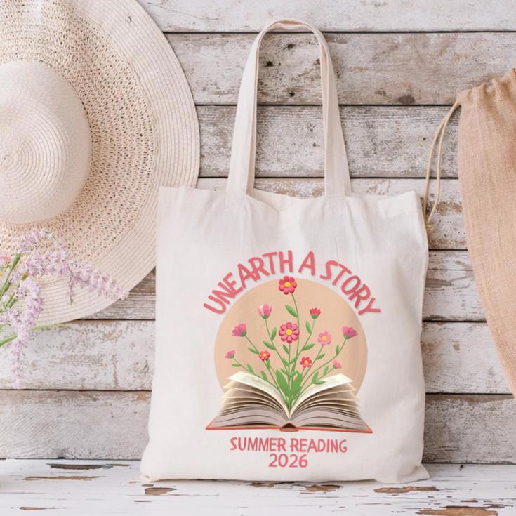 Women's Unearth a Story 2026 Summer Reading Program Flowers Book Canvas Tote Bag