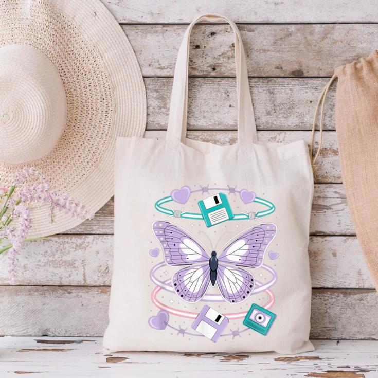 Y2K Butterfly Floppy Disk Art Digital Nostalgia Canvas Tote Bag