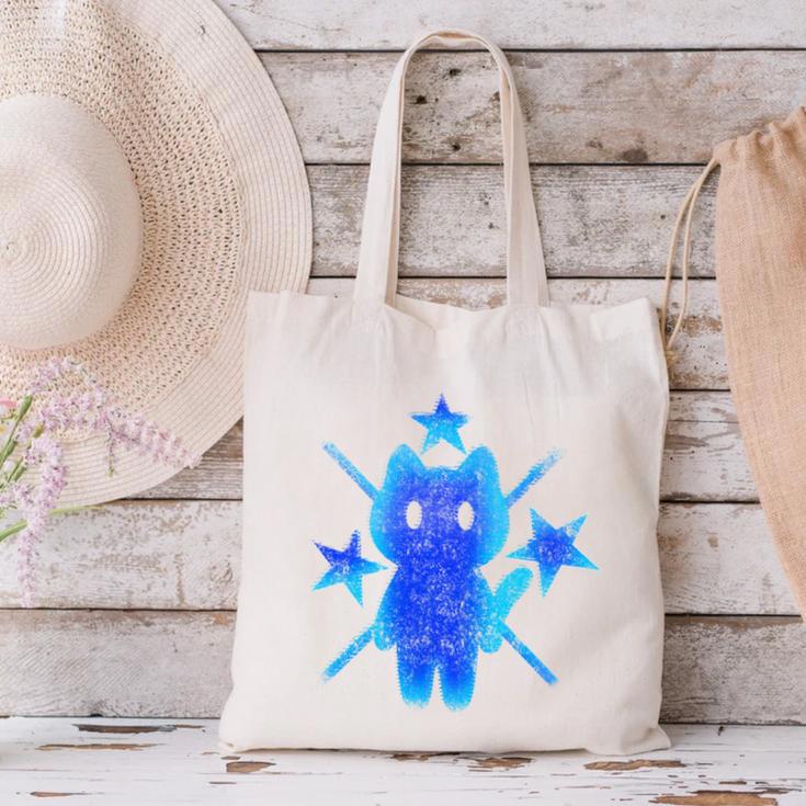 Yk2 Grunge Earthy Blue Cat With Stars Tomboy 90s Nostalgia Canvas Tote Bag