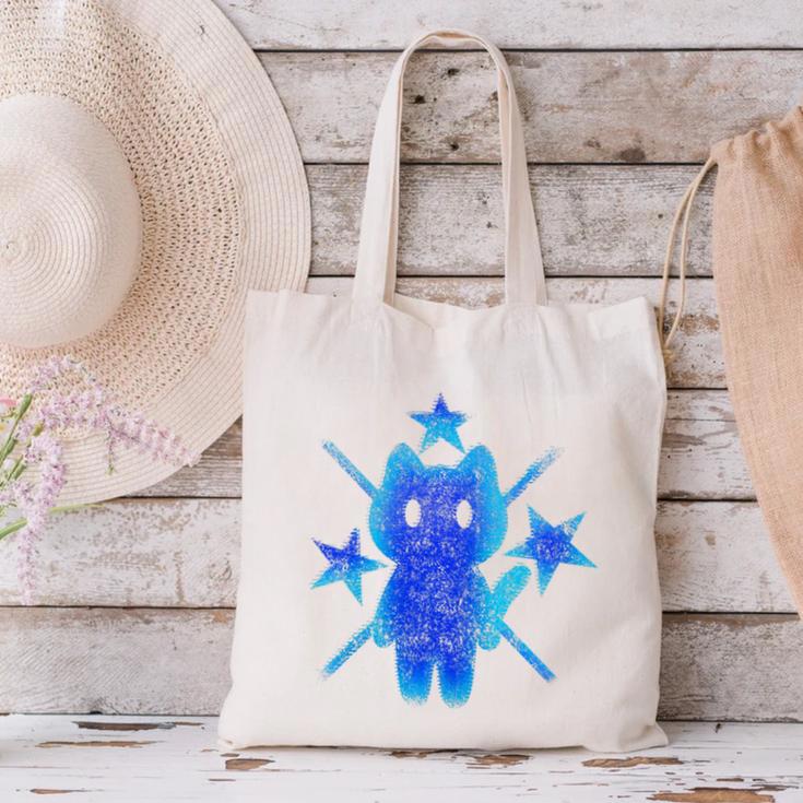 Yk2 Grunge Earthy Blue Cat With Stars Tomboy 90s Nostalgia Premium Tri-Blend Canvas Tote Bag