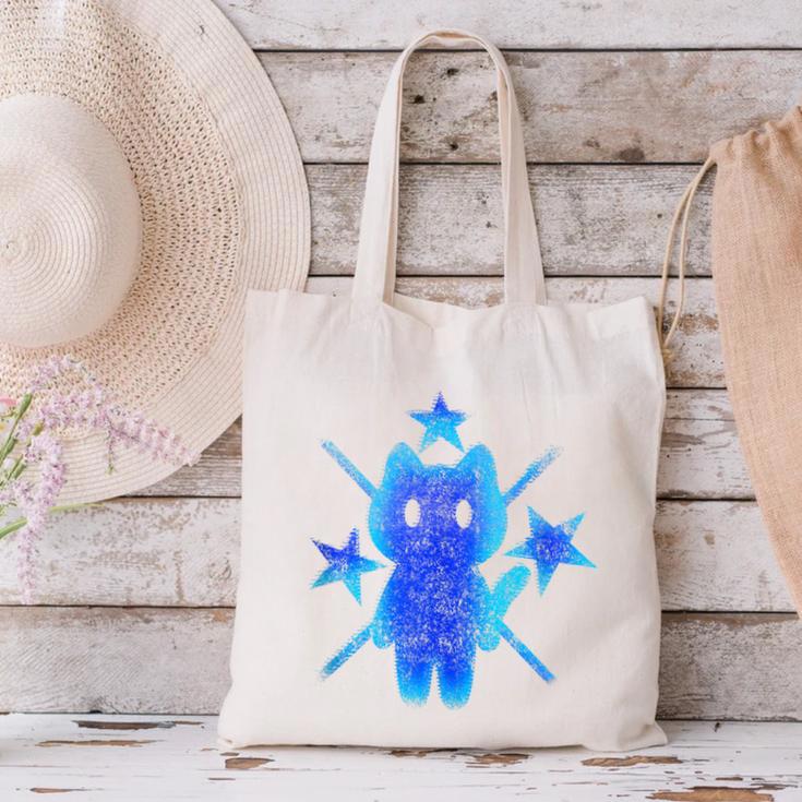Yk2 Grunge Earthy Blue Cat With Stars Tomboy 90s Nostalgia Canvas Tote Bag