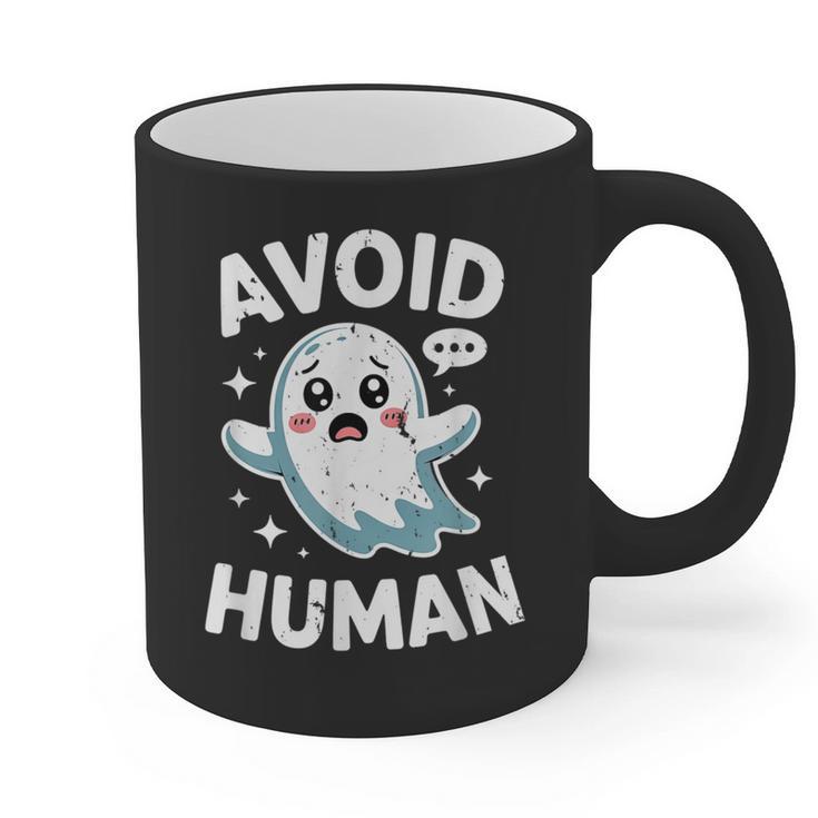Avoid Humans Cute Kawaii Pastel Ghost Introvert Saying Graphic Print Coffee Mug