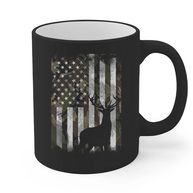 Camo US Flag Deer Elk Buck Camoflage Hunting Hunter Dad Short Sleeve Graphic Print Coffee Mug