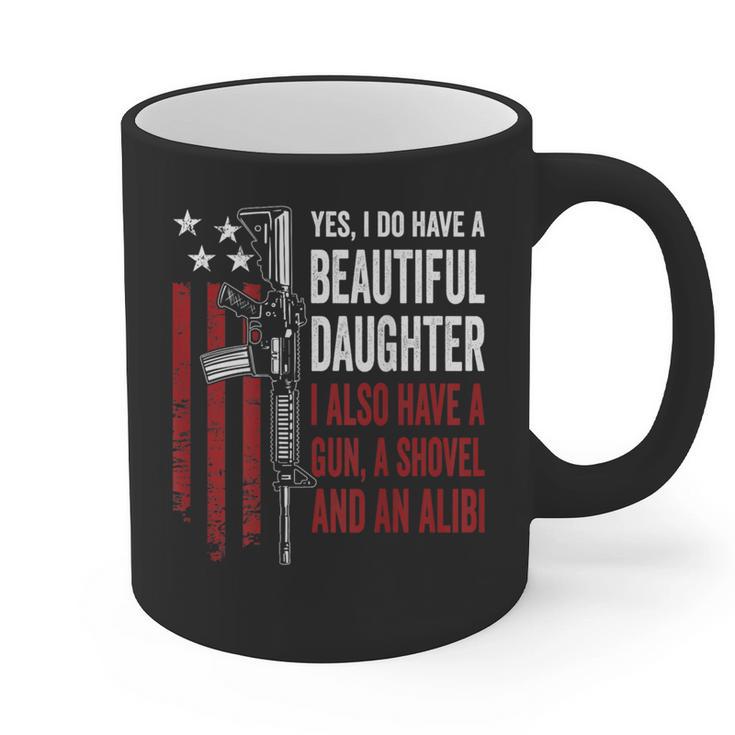 Daughter Gun Shovel Alibi Mom Dad Guns Joke -ON Back Graphic Print Coffee Mug