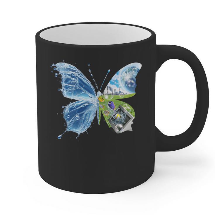 Frutiger Aero Aesthetic Butterfly Computer Fishes Scenery Graphic Print Coffee Mug
