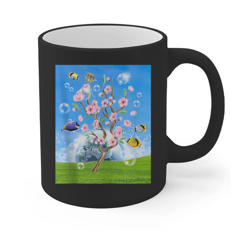 Frutiger Aero Aesthetic Tech Cherry Blossom Fishes Bubbles Graphic Print Coffee Mug