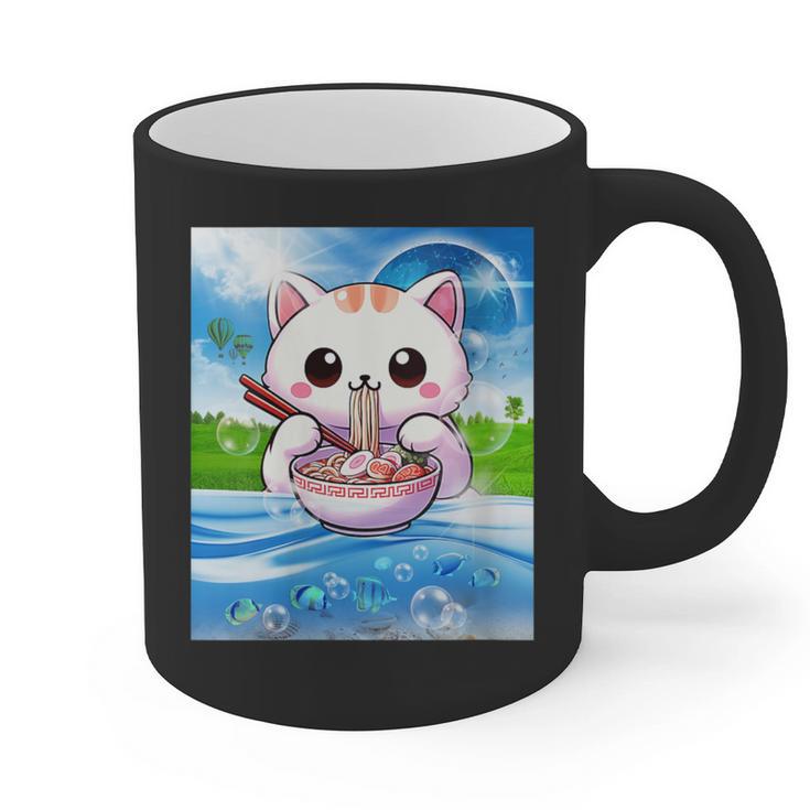 Frutiger Aero Aesthetic Tech Kawaii Ramen Cat Fishes Graphic Print Coffee Mug