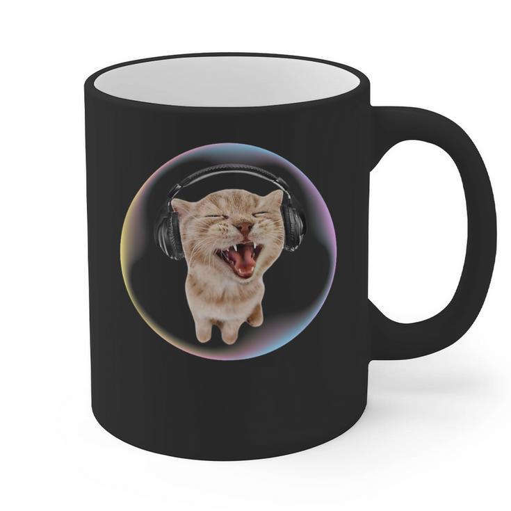 Frutiger Aero Cat Wearing Headphones Bubble 2000s Gen-Z Meme Graphic Print Coffee Mug