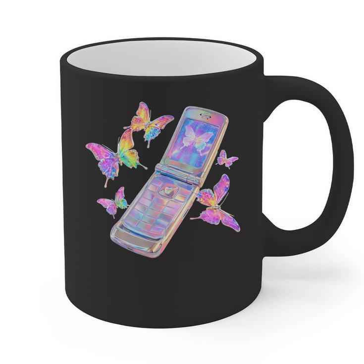 Frutiger Aero Y2K Chrome Phone Butterfly Graphic Print Coffee Mug