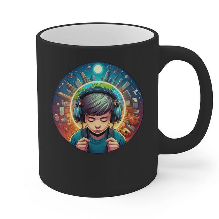 Music Enthusiast Under Starry Skies World Introvert Boy Graphic Print Coffee Mug