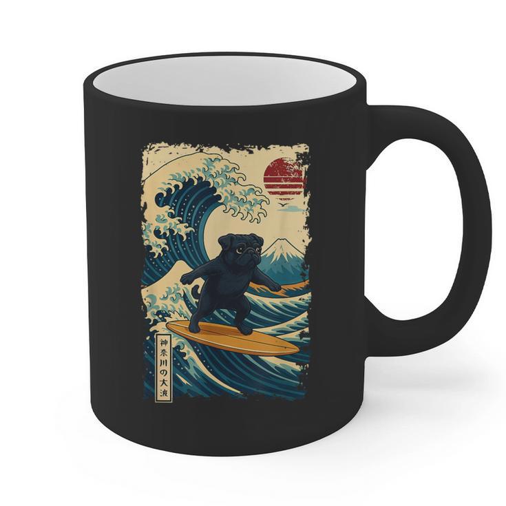 Pug Japanese Kanagawa Wave Surfing Japan Mom Dad Kids Graphic Print Coffee Mug
