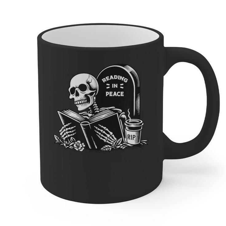 READING IN PEACE RIP Introvert Skeleton Read Book Meme Graphic Print Coffee Mug READING IN PEACE RIP Introvert Skeleton Read Book Meme Graphic Print Coffee Mug
