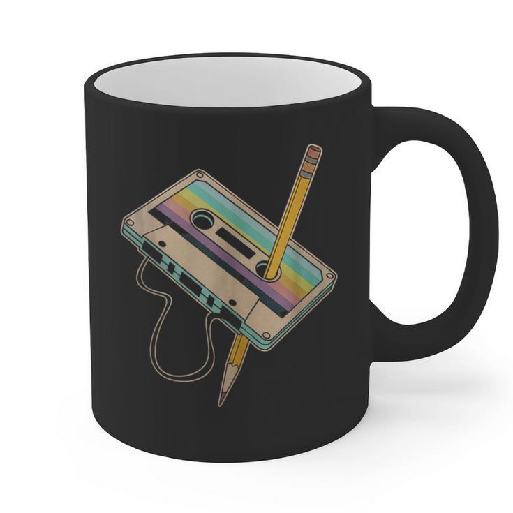 Retro Cassette And Pencil 80s 90s Nostalgia Music Lover Graphic Print Coffee Mug