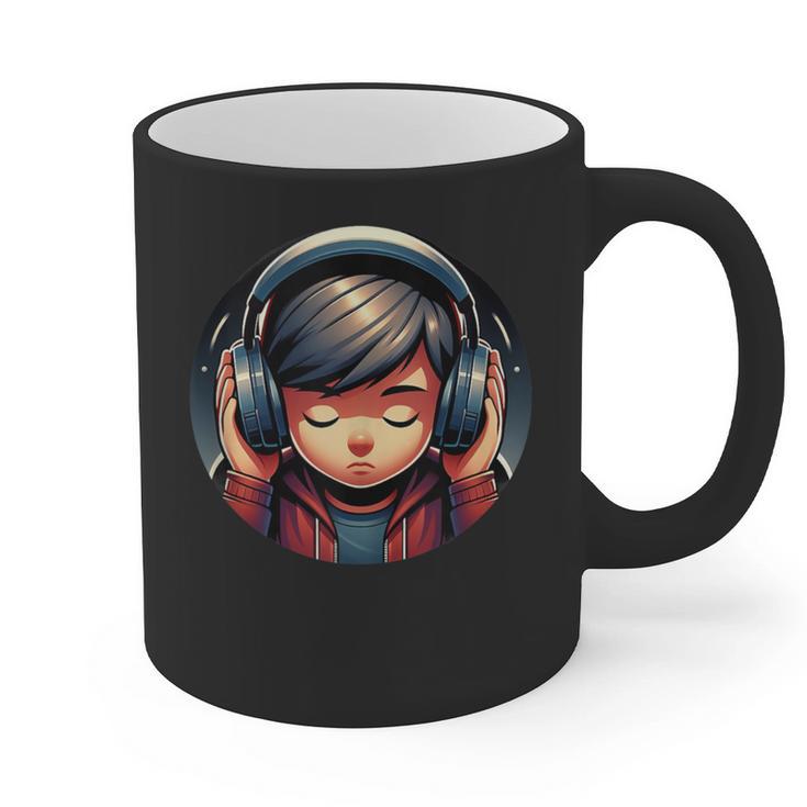 Serene Music Enthusiast With Headphones Introvert Cute Boy Graphic Print Coffee Mug