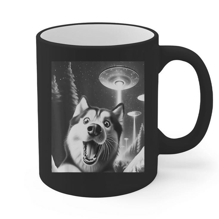 Siberian Husky Alien UFO Taking a Selfie Dog Mom Dad Graphic Print Coffee Mug