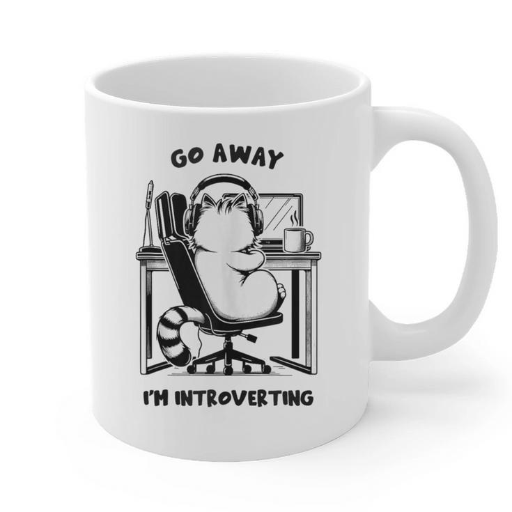 Cat With Coffee On Computer Go Away I'm Introverting Graphic Print Coffee Mug