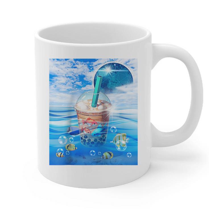 Frutiger Aero Aesthetic Tech Bubble Tea Boba Milktea Fishes Raglan Baseball Tee Graphic Print Coffee Mug