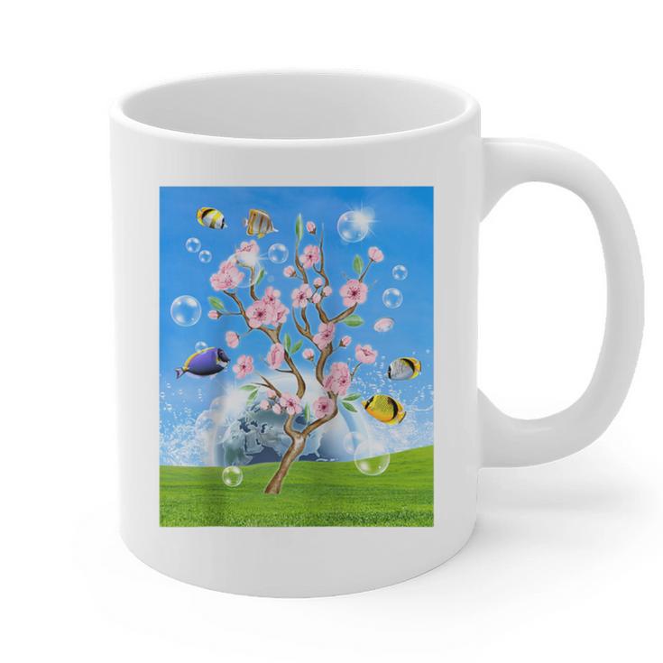 Frutiger Aero Aesthetic Tech Cherry Blossom Fishes Bubbles Raglan Baseball Tee Graphic Print Coffee Mug