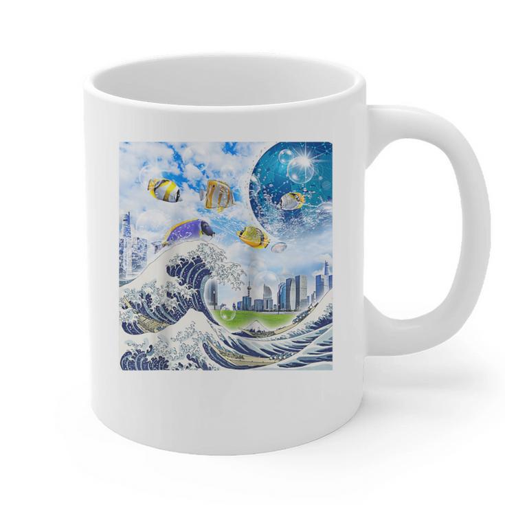 Frutiger Aero Aesthetic Tech Great Wave Of Kanagawa Fishes Raglan Baseball Tee Graphic Print Coffee Mug