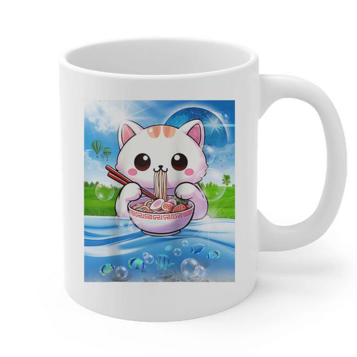Frutiger Aero Aesthetic Tech Kawaii Ramen Cat Fishes Raglan Baseball Tee Graphic Print Coffee Mug