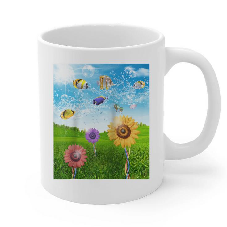 Frutiger Aero Aesthetic Tech Scenery Fishes Sunflower Raglan Baseball Tee Graphic Print Coffee Mug