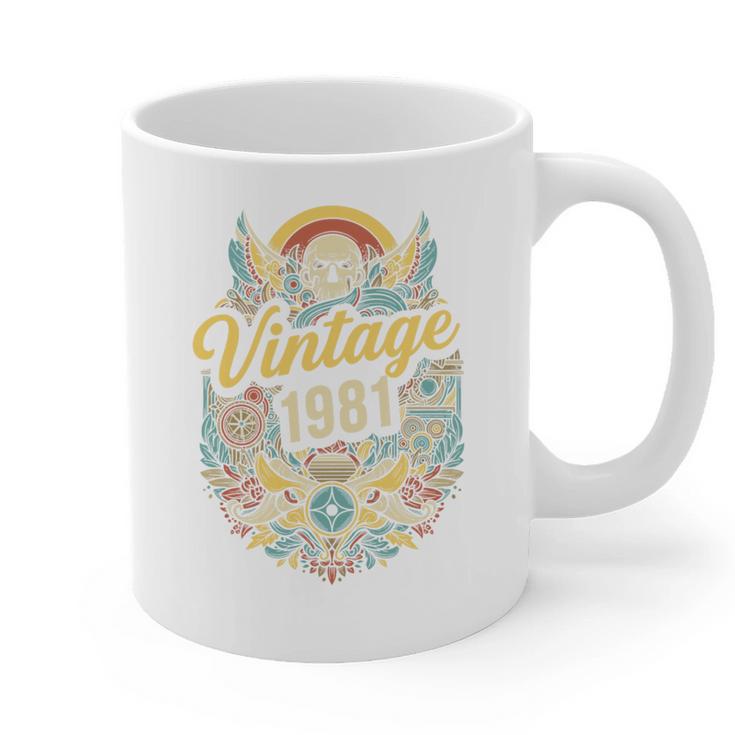 Vintage 1981 Retro Badge Nostalgia Eighties Compass Skull Premium Tri-Blend Graphic Print Coffee Mug
