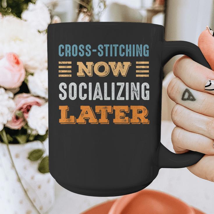 Cross-Stitching Now Minimal Socializing Introvert Vintage Graphic Print Coffee Mug Cross-Stitching Now Minimal Socializing Introvert Vintage Graphic Print Coffee Mug