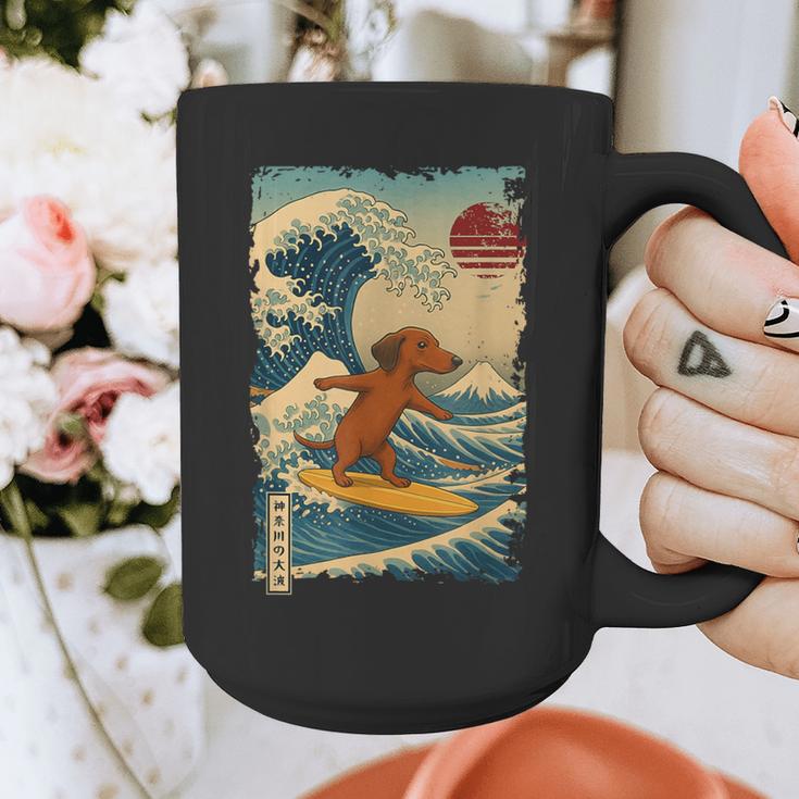 Dachshund Doxie Japanese Kanagawa Wave Surfing Japan Mom Dad Graphic Print Coffee Mug