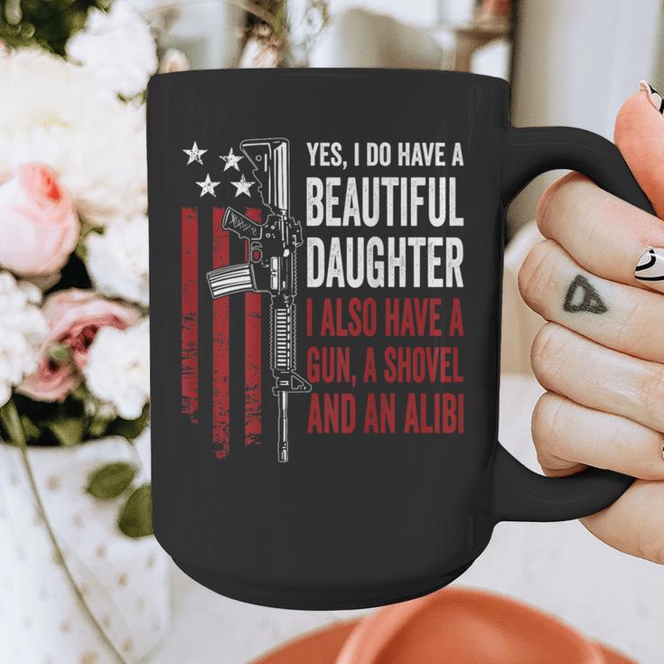 Daughter Gun Shovel Alibi Mom Dad Guns Joke -ON Back Graphic Print Coffee Mug
