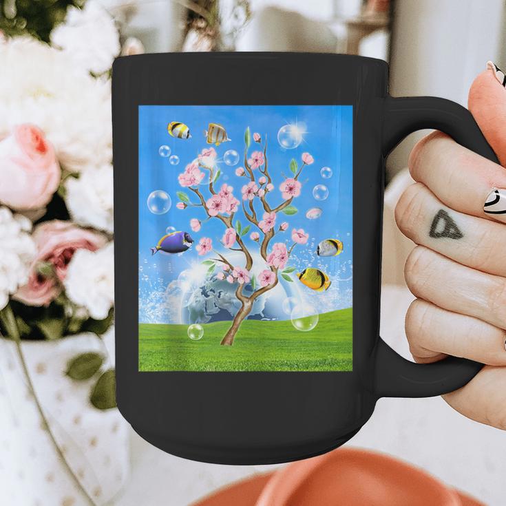 Frutiger Aero Aesthetic Tech Cherry Blossom Fishes Bubbles Graphic Print Coffee Mug