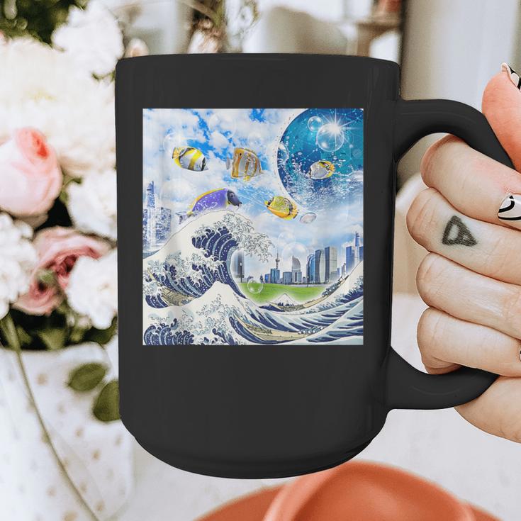 Frutiger Aero Aesthetic Tech Great Wave Of Kanagawa Fishes Graphic Print Coffee Mug