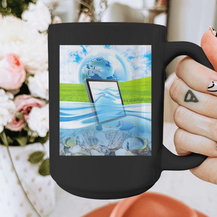 Frutiger Aero Aesthetic Tech Water Fishes Monitor Screen Graphic Print Coffee Mug