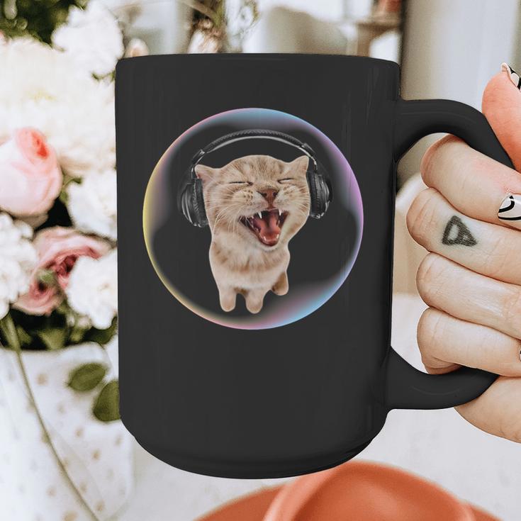 Frutiger Aero Cat Wearing Headphones Bubble 2000s Gen-Z Meme Graphic Print Coffee Mug